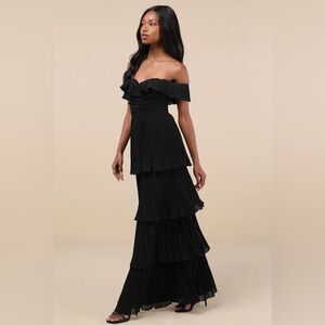 Always Remarkable Black Pleated Off-the-Shoulder Maxi Dress